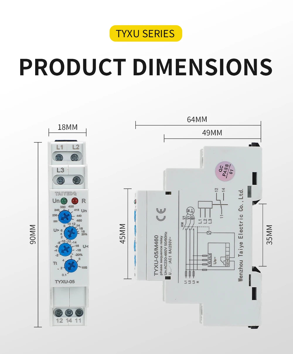 TYXU-03 Voltage Monitoring Relay Phase Sequence and Phase Failure Protection Relay 8A 10A 1SPDT 2SPDT