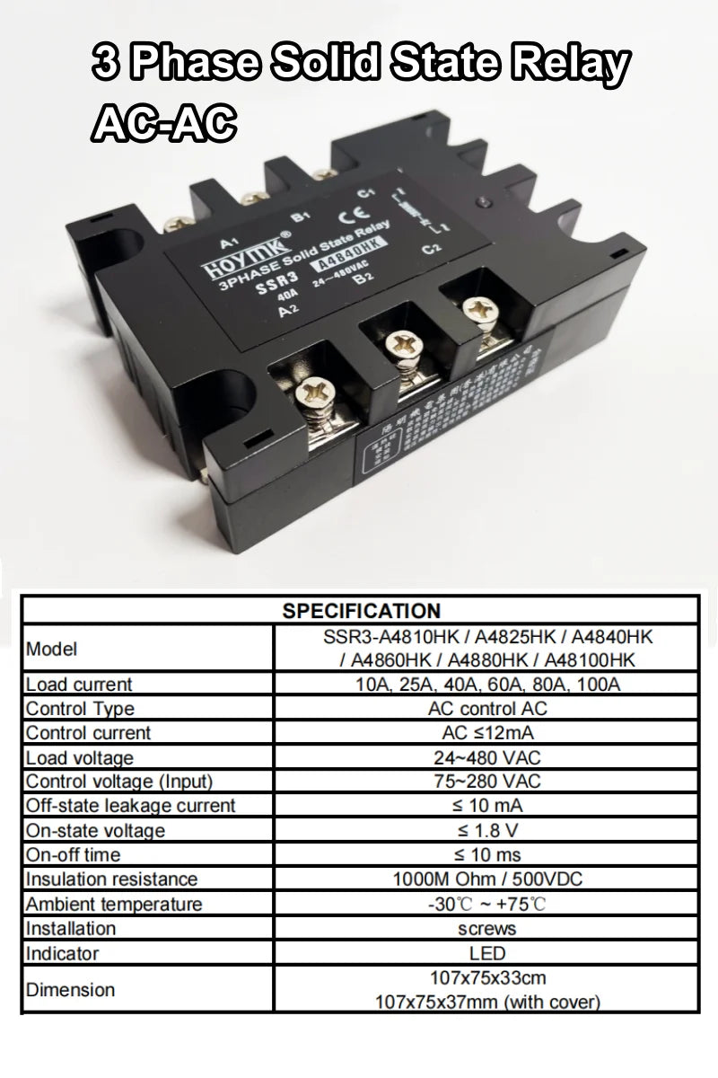 3 Phase Solid State Relay AC to AC 75-280V Input 24-480V Load 110 Volt Power Rele 220V 230V Voltage Control Relay 10-100A