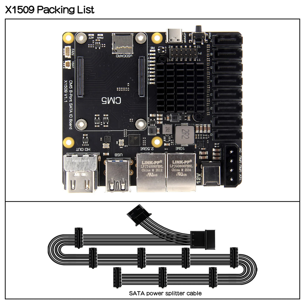 Geekbord X1509 2.5GbE Dual LAN 8-Port SATA PCIe 3.0 NAS Carrier Board for Raspberry Pi CM5