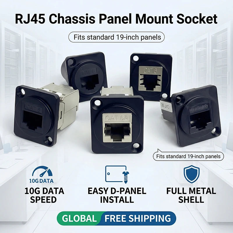 D-Type Panel Mount RJ45 Ethernet Socket – Shielded CAT5e / CAT6 Network Jack with Metal Housing for Industrial Enclosure