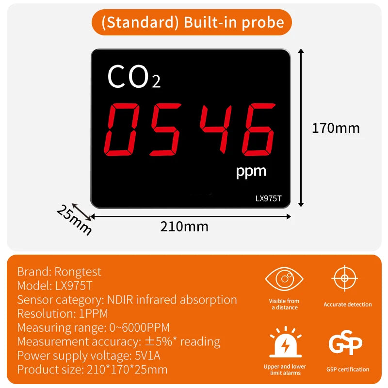 CO2 Carbon Dioxide Detector Sensor CO2 Monitor with Alarm NDIR Infrared Air Quality Meter Sensor Tester for Home Greenhouse