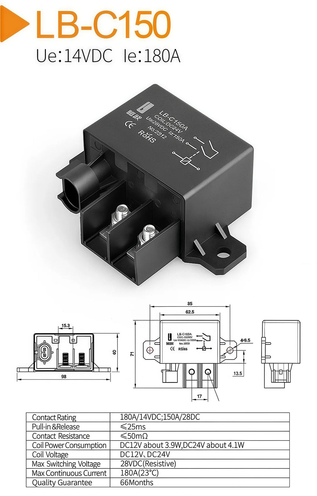 LANBOO New Product 12/24V 180A Automotive Starter, Relay, Heavy-duty High-power Automotive Relay