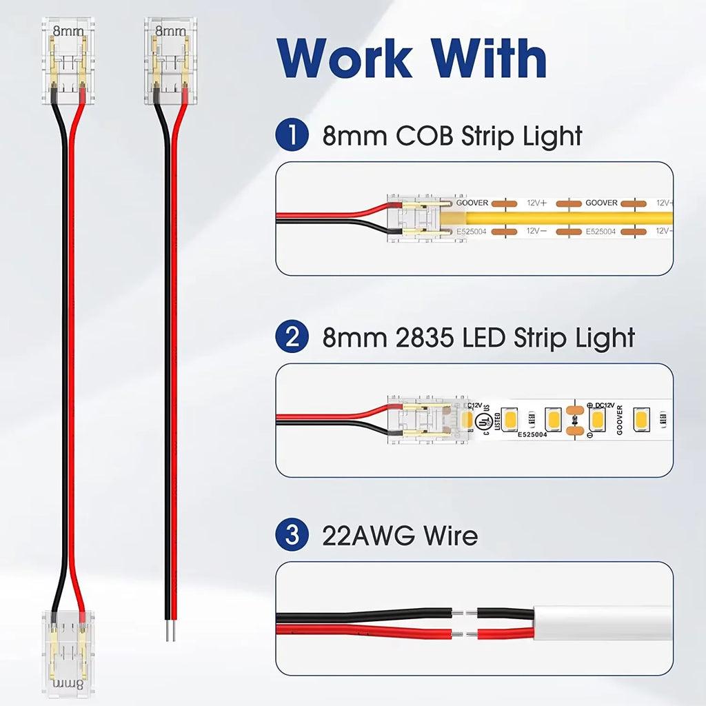 COB Connector 8mm 5-24v 2pin LED Strip Terminal Extension Wire LED Connectors Fixed Clips For Pin No Dark Area Single Dual End