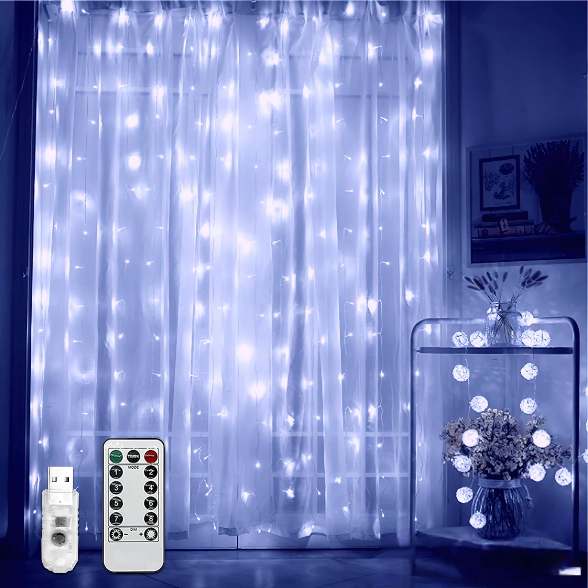 Monochrome Curtain Light, Warm White/White Light, 300LEDs Smart Wall Light, Waterfall Light, Remote Control Timing, Bedroom, Background Wall, Party, Halloween, Christmas Indoor and Outdoor Decoration