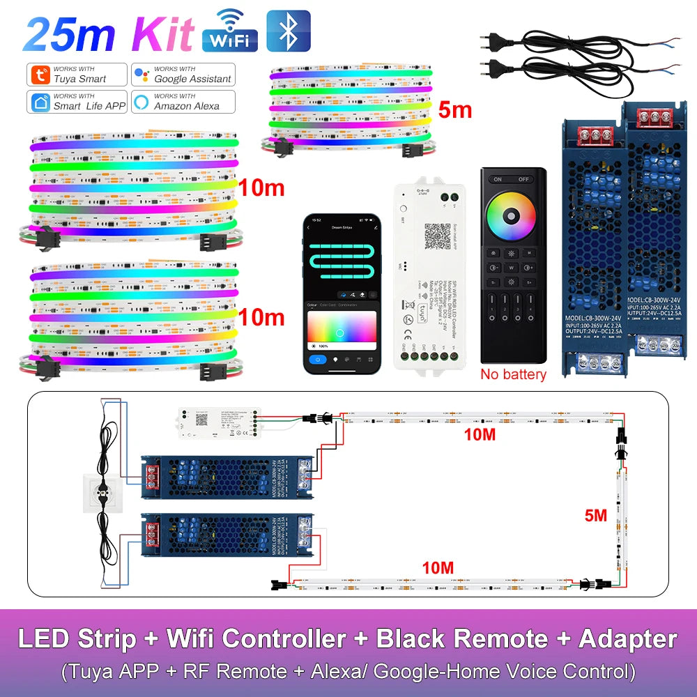 RGB-IC COB LED Strip with Tuya Wifi Controller 2.4G Remote Alexa Google Home Rainbow Color Addressable LED Tape 10m 20m 25m Kit