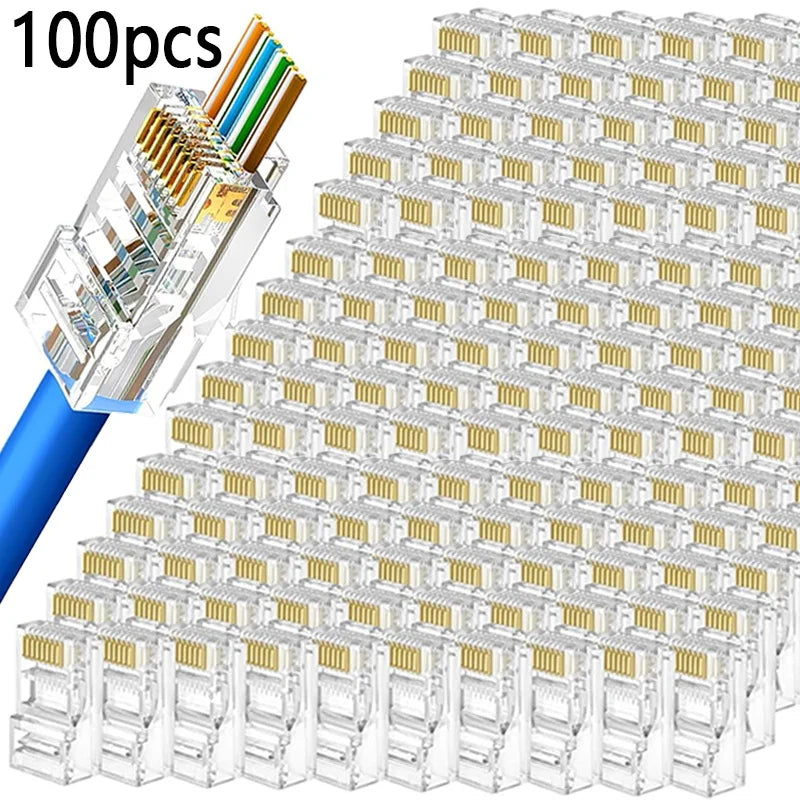 100pcs RJ45 CAT6 CAT5e Pass Through Connector Network Crystal End Gold-Plated Crimp UTP Standard Ethernet Network Modular Plug