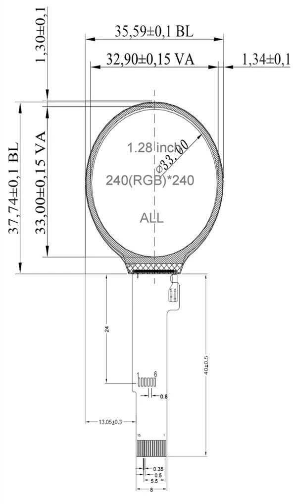 IPS 1.28 inch 15PIN SPI 262K TFT LCD Capacitive Touch Round Screen GC9A01 Controller CST816D Touch IC 240(RGB)*240