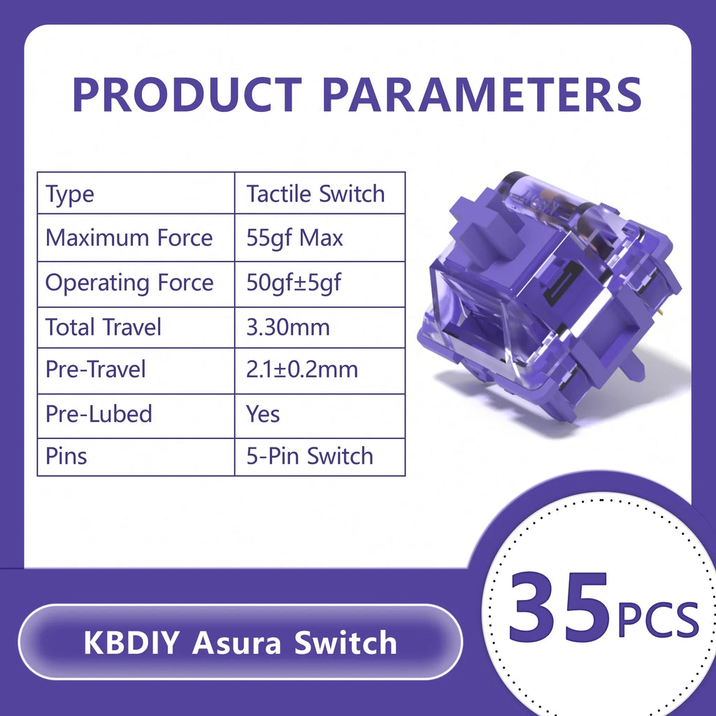 KBDiy Asura Switch Tactile MX Switches 50g for Gaming Mechanical Keyboard KIT Purple Factory Lubed Custom DIY 5Pins GMK67 Hi75