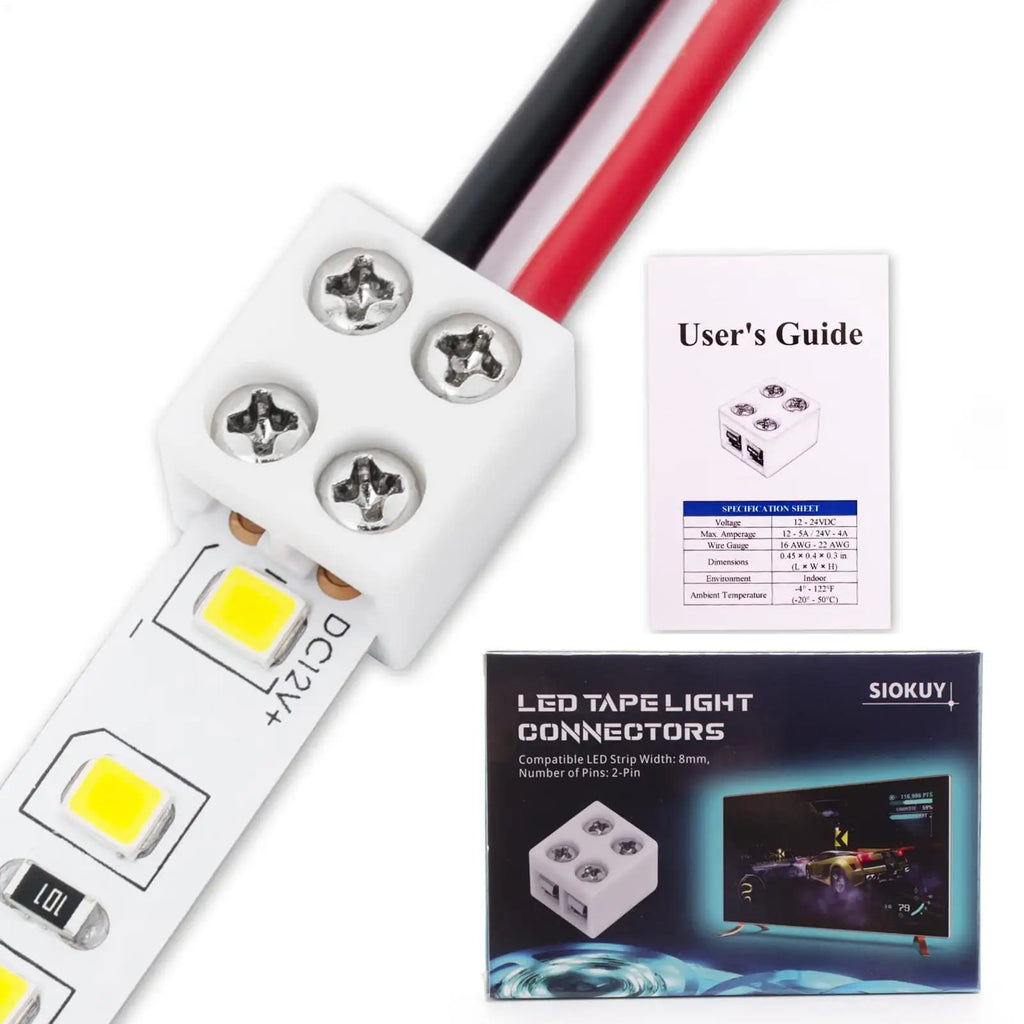 LED Strip Connectors 2Pin 8mm 5V/12V/24V Versatile LED Light Solderless Connector Adapter for 22AWG/20AWG/18AWG/16AWG Solid Wire