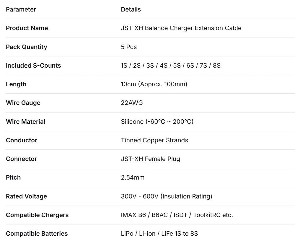5Pcs JST-XH Balance Charger Cable 1S 2S 3S 4S 5S 6S 7S 8S 22AWG Silicone Wire 10cm Female Plug Extension Cord RC Lipo IMAX B6