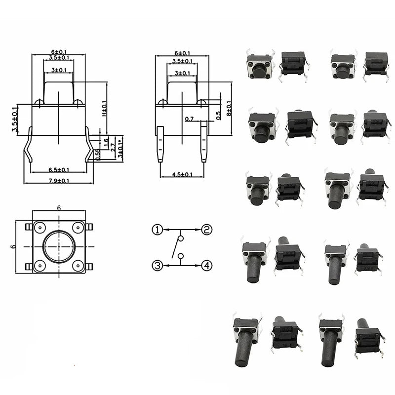 1Box 6x6mm 12x12mm Tactile Tact Push Button Mini Micro Switch Kit PCB Momentary Self-reset Switches DIP 2Pin 4Pin ON/OFF