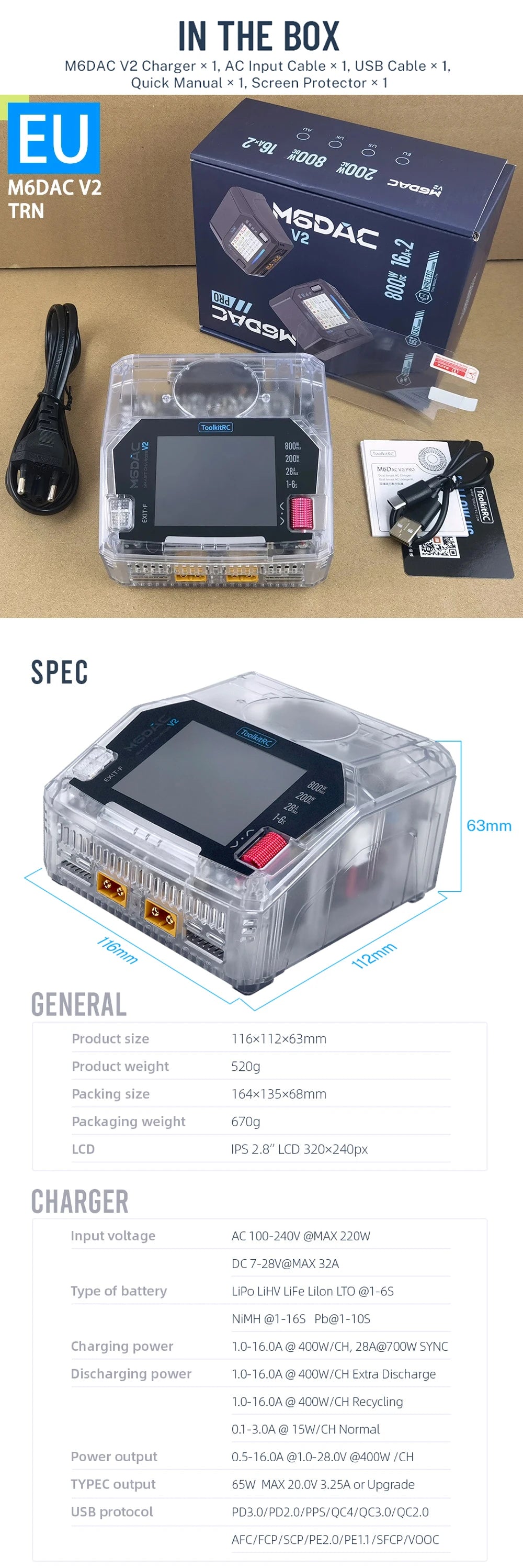 ToolkitRC M6DAC V2 TRN Charger 2CH AC200W Transparent Color DC800W IPS Model Toy Car Lithium Battery Charging 1S 2-6S LiPo LiHv