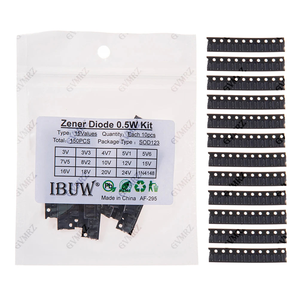 150PCS 15Values 0.5W Zener Diode Kit 3V-24V 1N4148 SOD123 for Voltage Regulation Projects 1N4148