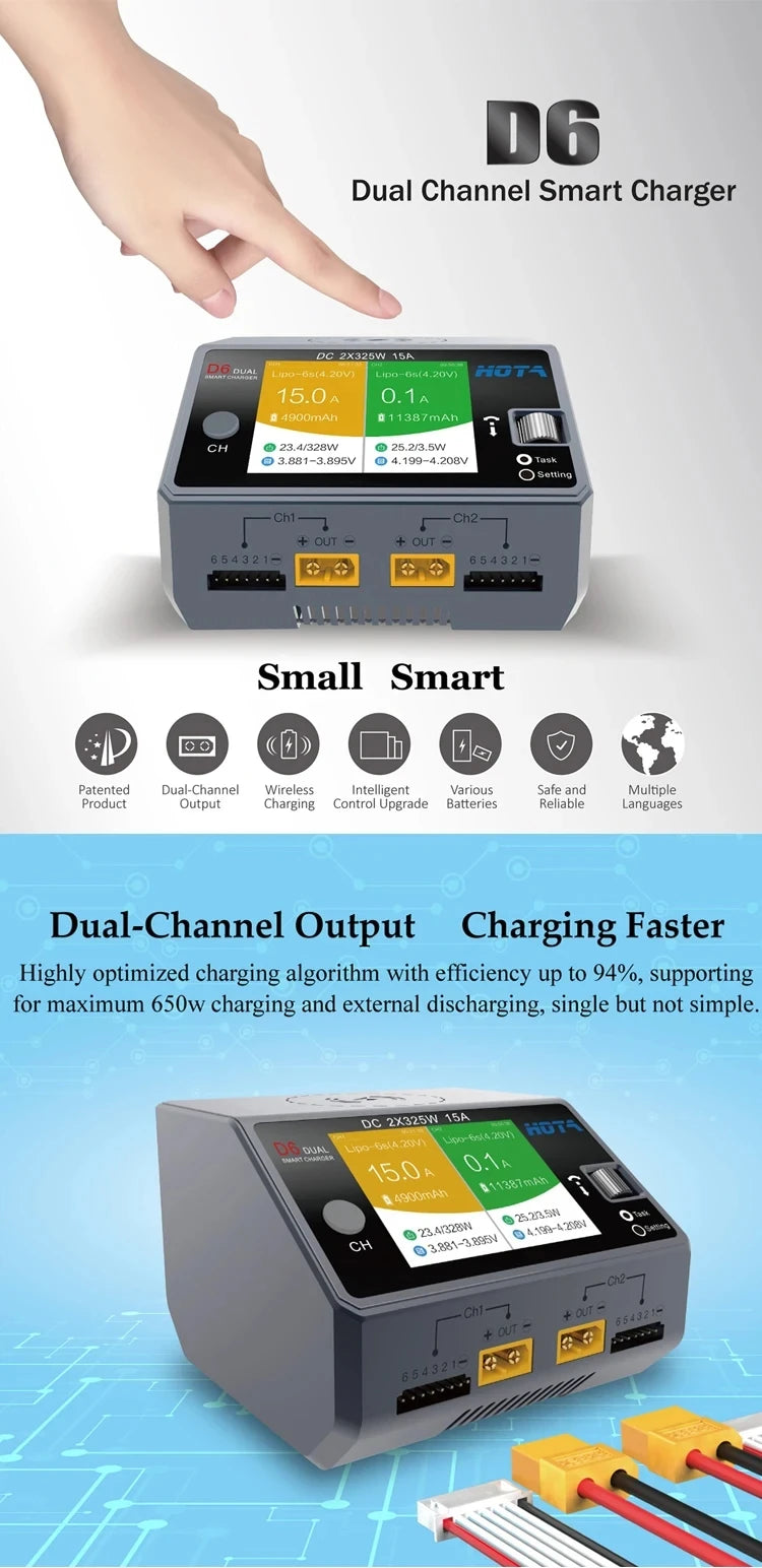 HOTA D6 DC650W 15A Dual Smart Charger Maximum current 1600mA Built-in Micro USB for 1-6S Lipo LiHV/NiZn/Nicd/NiMH Battery