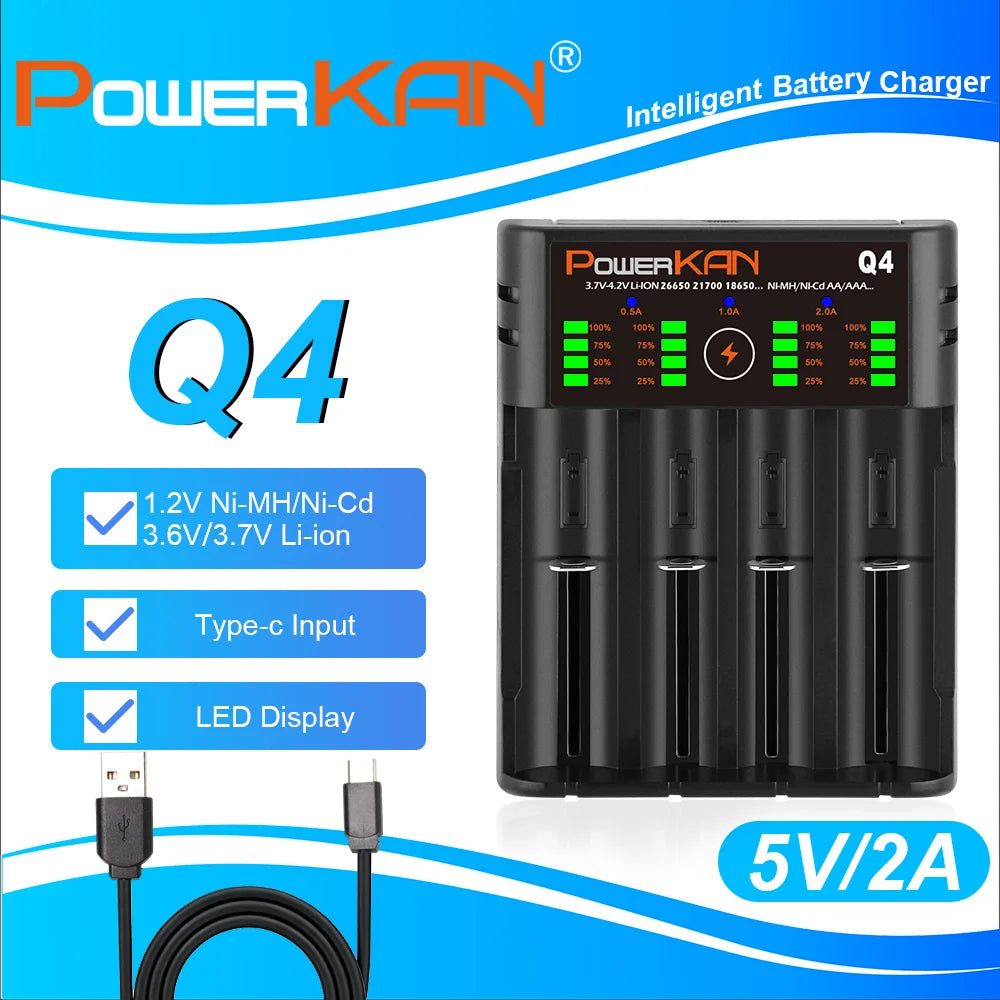 POWERKAN Q4 4-Bay Charger for 1.2V Ni-MH AA AAA & 3.7V Li-ion 18650 26650 Batteries with USB Output