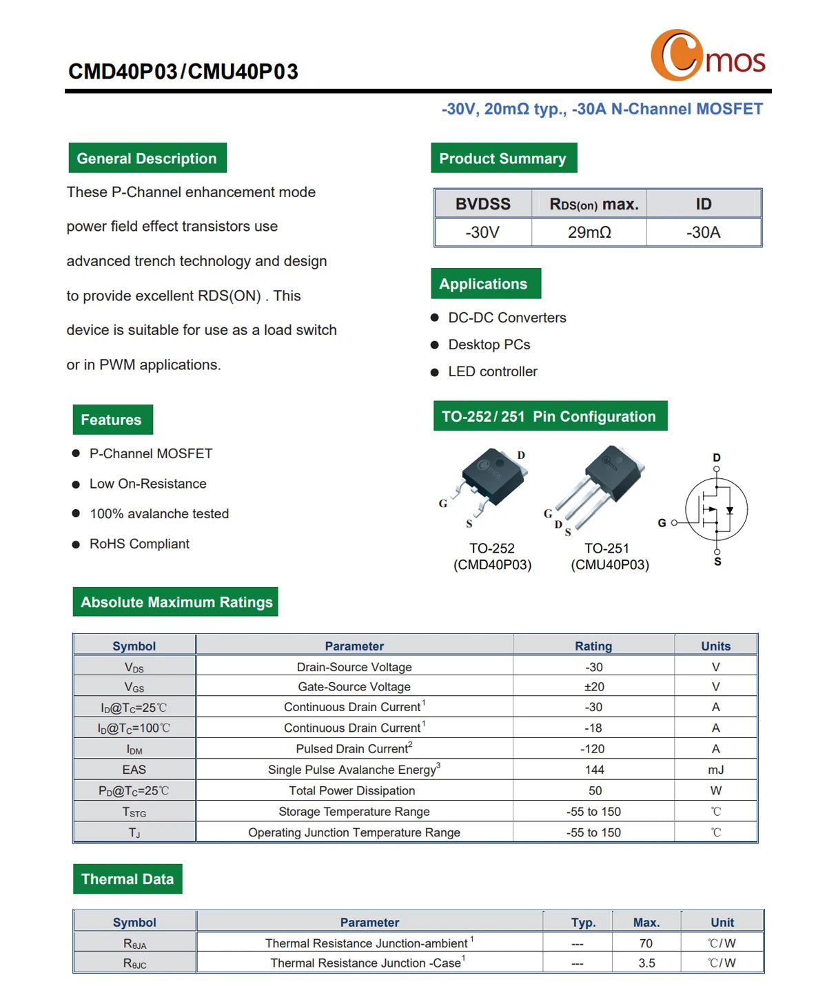 Original CMOS MOSFET CMD1402, CMD3080M, CMD3090L N-Channel TO-252