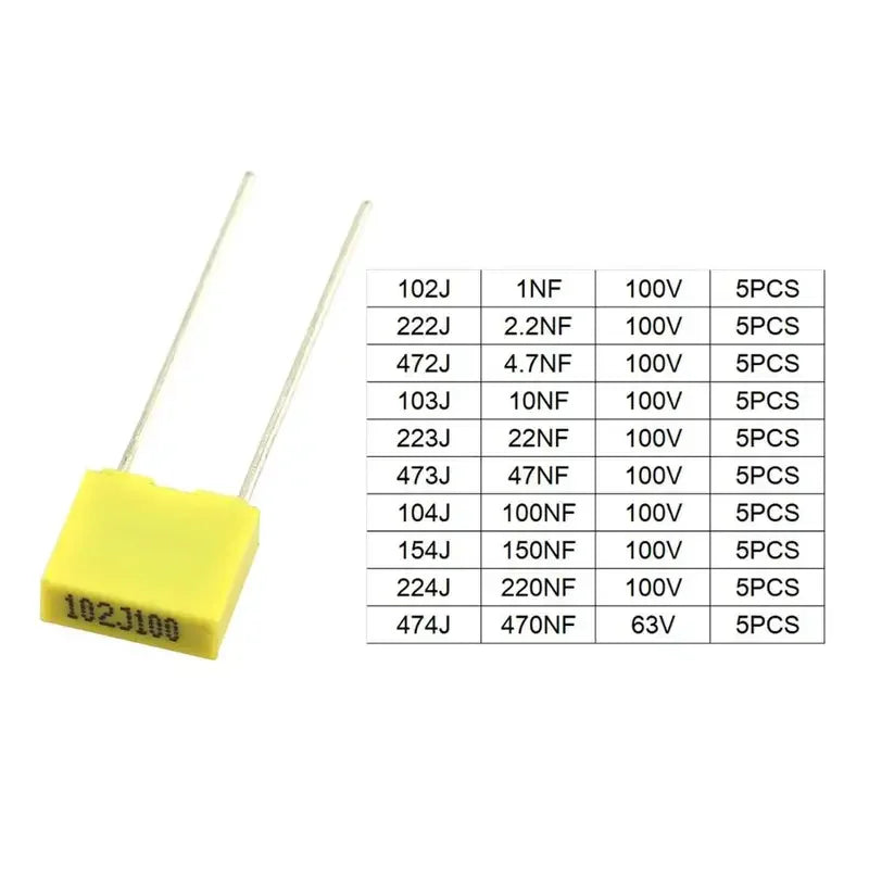 50pcs/lot 10 Value Polypropylene Film Capacitor 1nF 10nF 47nF 100nF 470nF Capacitance Correction Capacitor Assorted Kit