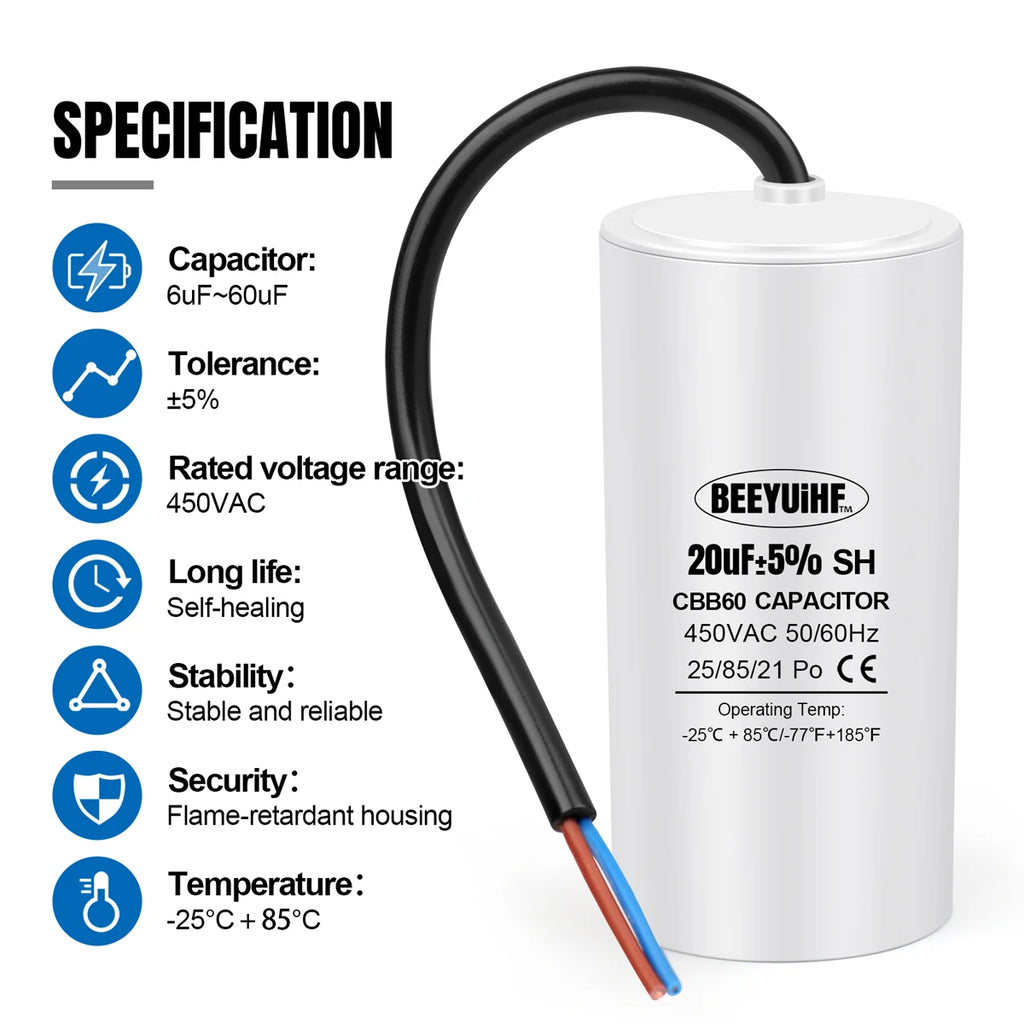 1Pcs CBB60 Starting Capacitor 3uF~80uF Motor Capacitor 50 / 60Hz 450VAC with cable for electric motor/washing machine