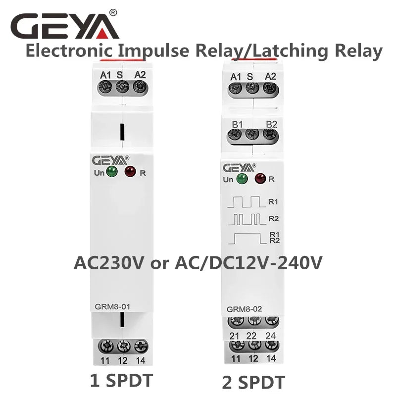GEYA GRM8 Din Rail Electronic Latching Relay Memory Relay Impulse Relay SPDT 16A Step Relay AC230V OR AC/DC12-240V