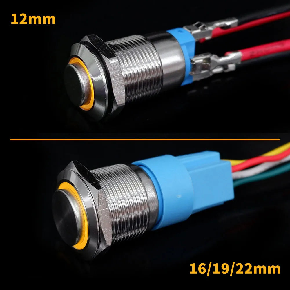 12 16 19 22 mm Metal Push Button Switch with Wire On Off PC Power High Head 12v for Car Momentary Latching Fixed Blue 5V 220V