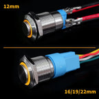 12 16 19 22 mm Metal Push Button Switch with Wire On Off PC Power High Head 12v for Car Momentary Latching Fixed Blue 5V 220V