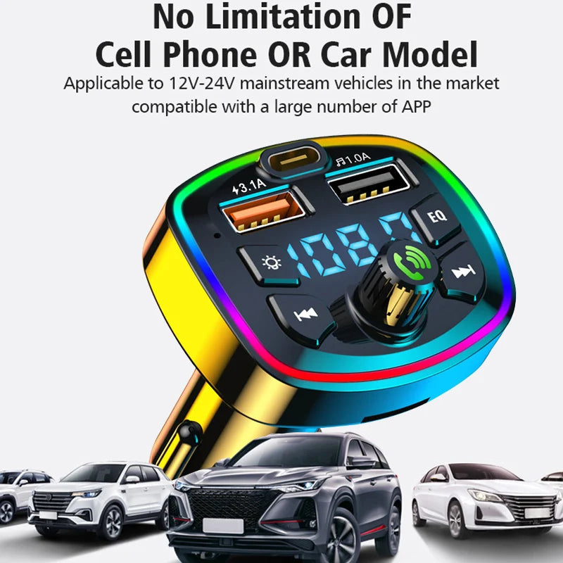 General Car Charger Bluetooth 5.0 FM Transmitter Handsfree PD Type-C Dual USB Ambient Player MP3 Charger Type-C Wireless Light