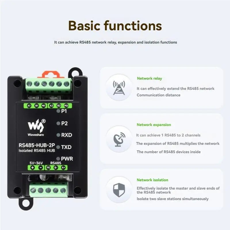 Waveshare Industrial Isolated 2-CH RS485 Hub Repeater 1-RS485 To 2- RS485 Network Relay/Control/Isolation RS485-HUB-2P-ABVP