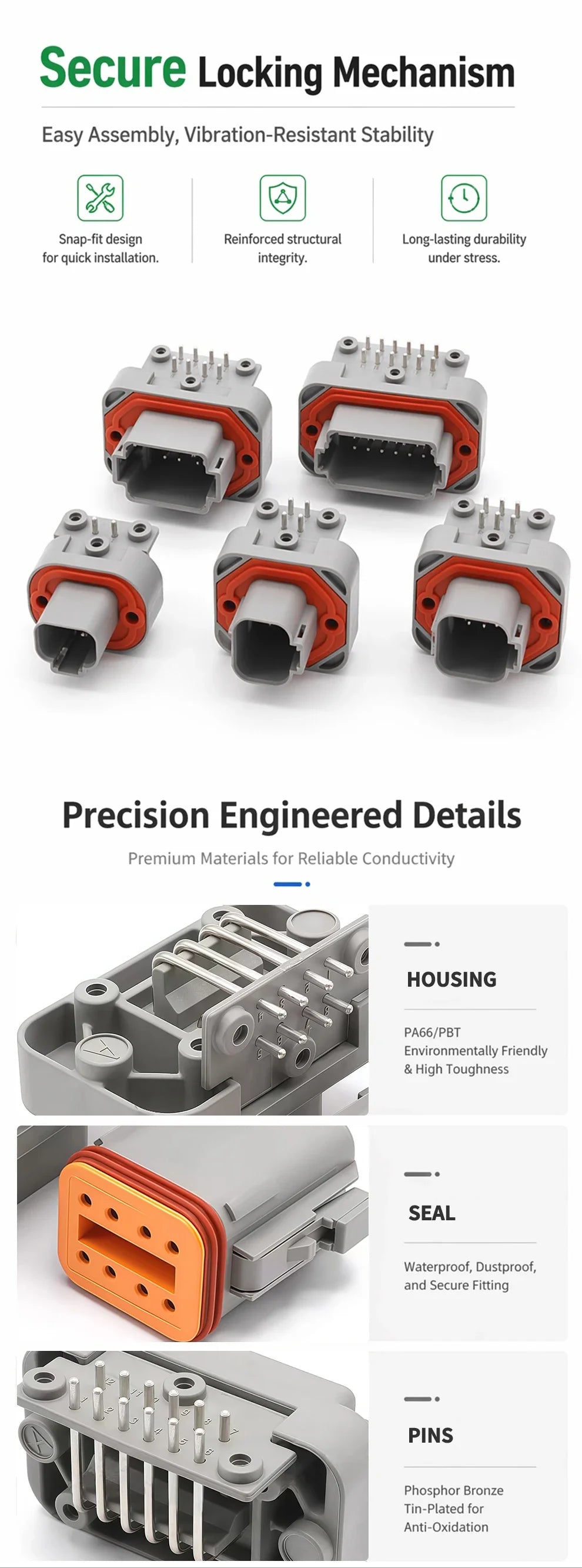 DT13 Series  Waterproof  Automotive PCB Right-Angle Header Connector 2/3/4/6/8/12Pin Male/Female Kit for Car Truck Bus Marine