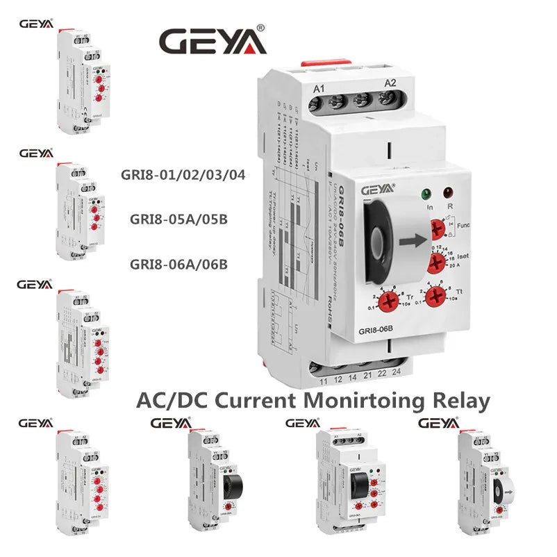 GEYA GRI8-06 DC Current Sensor Relay 18mm Width 2CO 8A AC/DC Current Testing Relay 24V-240V Wide Range