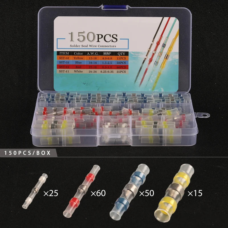 50/100/120/150/250/400Pcs Boxed Heat Shrink Tin Butt Connectors Waterproof Solder Seal Sleeve Splice Terminals 26-10AWG 0.25-6mm