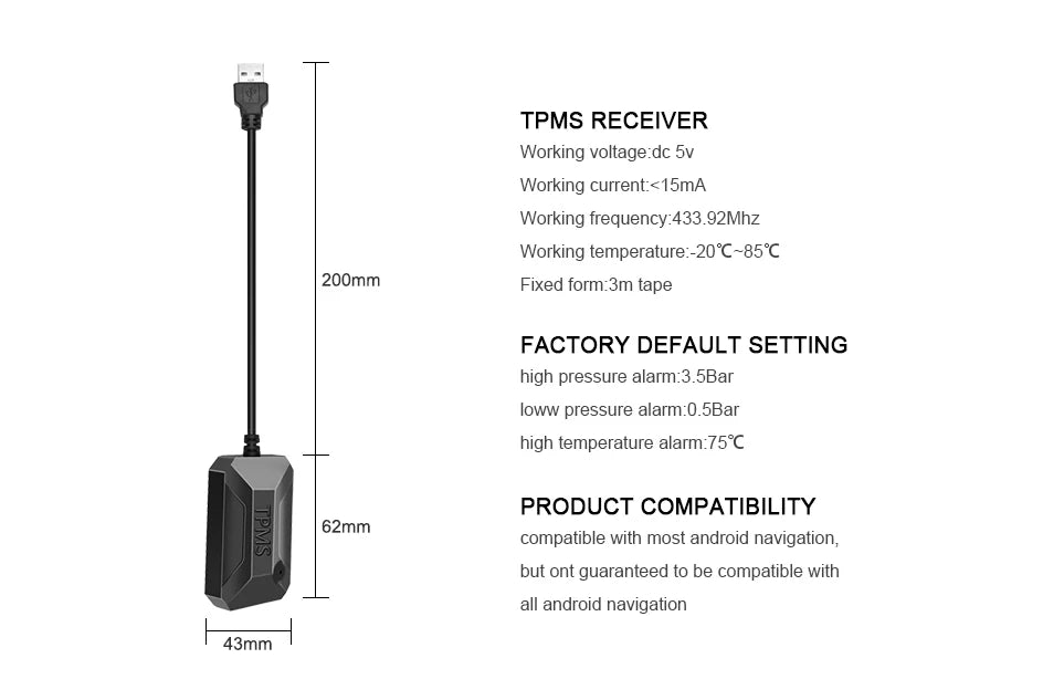 Smart Android Navigation Dedicated Car Mounted USB Tire Pressure Monitoring System TPMS Tire Pressure And Temperature Detection