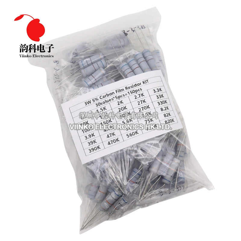 150PCS 300PCS 1W 2W 3W 5W Carbon Film Resistor Assortment Kit 5% Resistance Set 30Kinds 0.1-750 ohm 1K-820K DIY components