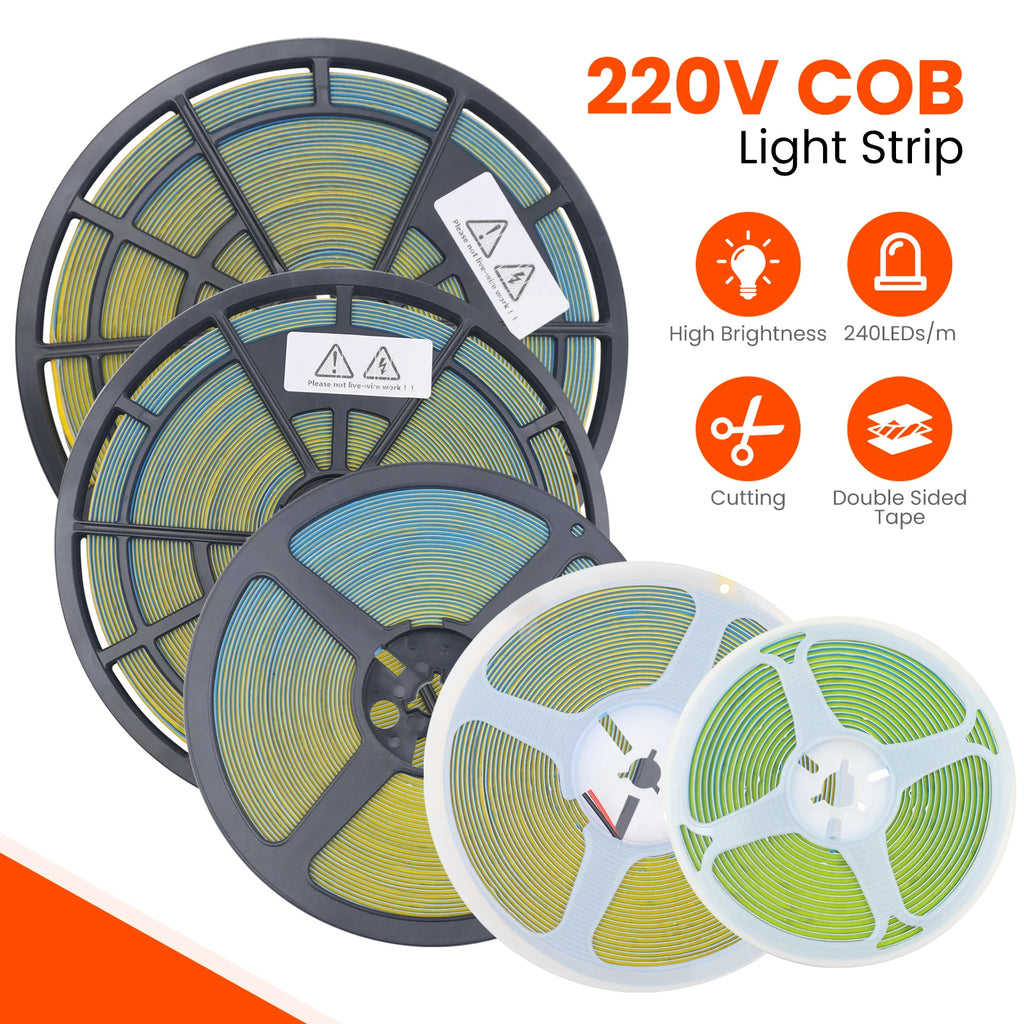 5M 10M 20M 50M/Roll COB Strip AC 220V 240Leds/M IP20 3000K 4000K 6000K Driver Build In Home Decor Flexible Ribbon Rope LED Light