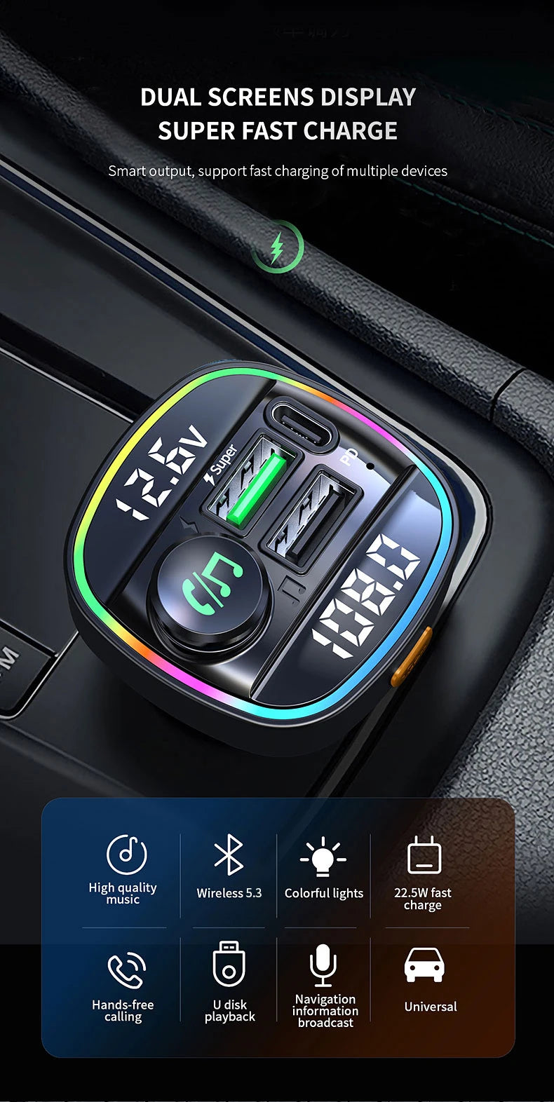 Bluetooth Handsfree FM Transmitter Car Radio Modulator MP3 Player With 22.5W USB Super Quick Charge Adapter for Car