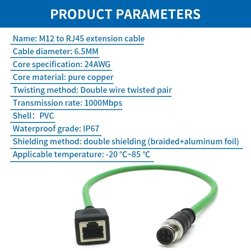 M12 to RJ45 Female Head Gigabit Ethernet Extension Cable 4Pin D-type 8Pin X-type Male A-code Waterproof Connector 1-30M IP67