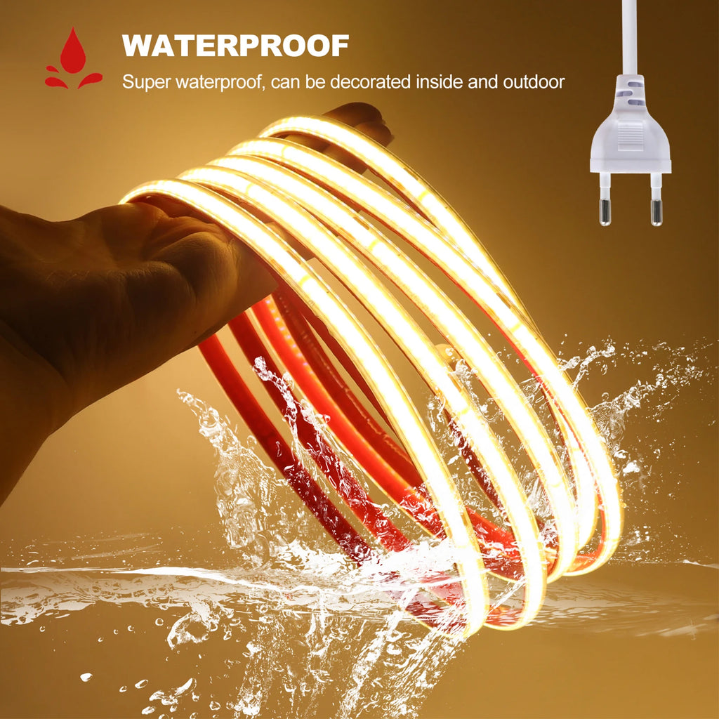 220V Self-adhesive LED Strip 10cm Cuttable Waterproof COB LED Strip No Need Driver Flexible Tape for Kitchen Home Garden Decor
