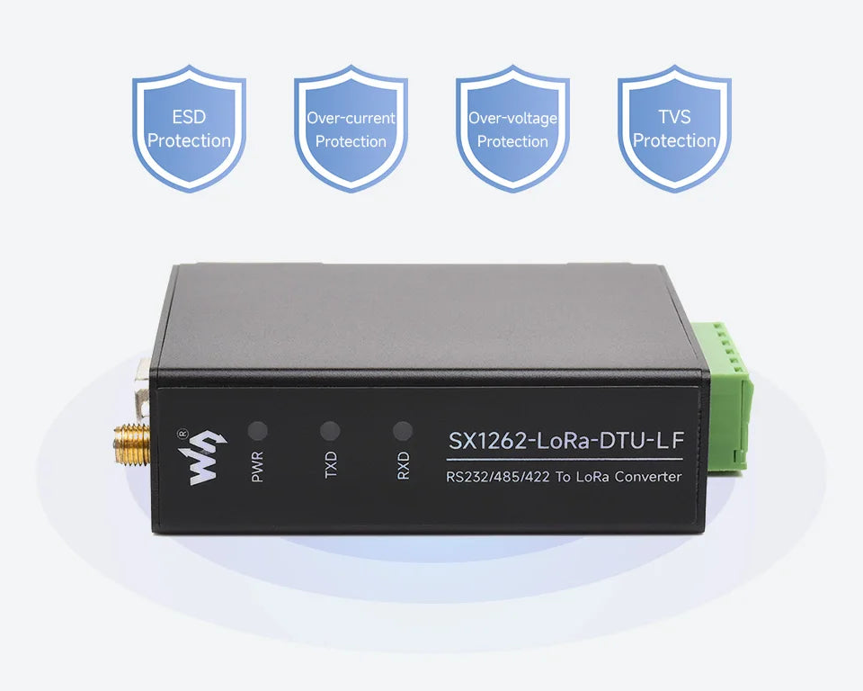 Waveshare Rail-mount SX1262 LoRa Data Transfer unit, RS232/RS485/RS422 To LoRa, Suitable For Sub-GHz Band Data Acquisition