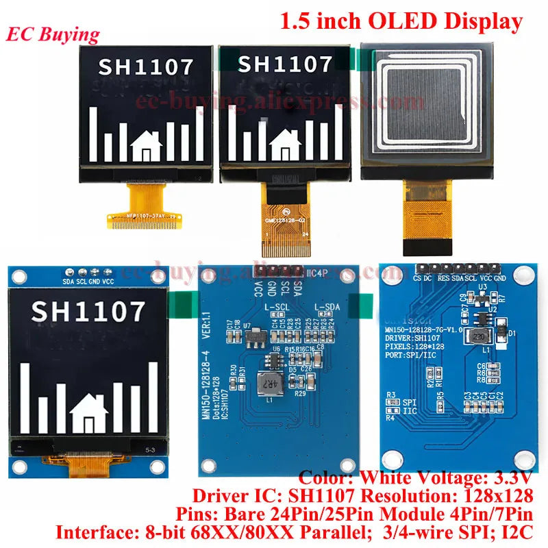 1.5 Inch OLED LCD White Display Module 1.5'' 128*128 Driver SH1107 COG I2C IIC SPI Serial Port 4PIN/7PIN Bare Screen 24PIN/25PIN