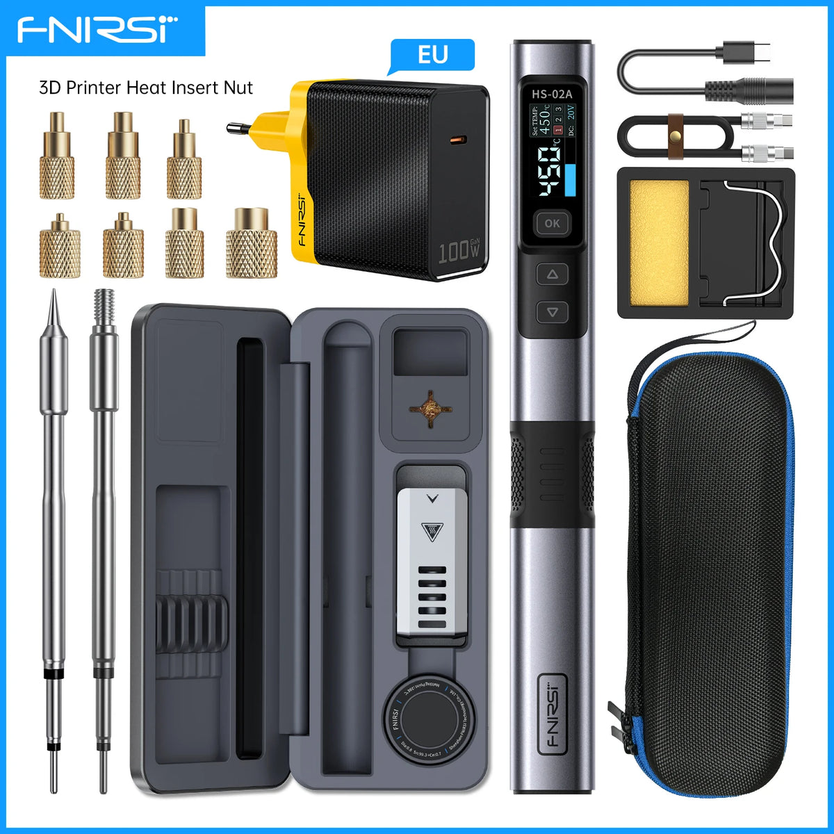FNIRSI HS-02A Electric Soldering Iron Set with Heat Insert Nut Kit M2-M8, C245 Compatible Tips for 3D Printer and DIY Repair Job