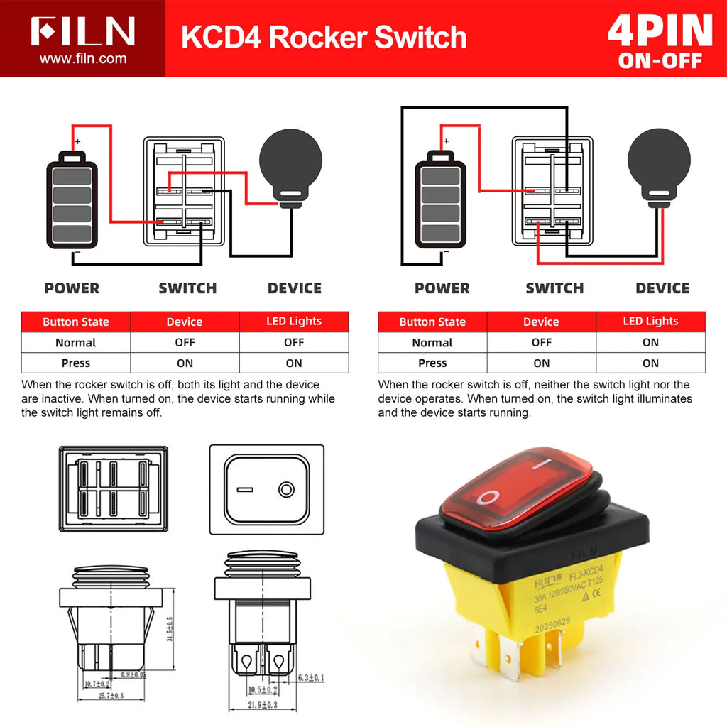 FILN Heavy Duty IP68 Waterproof LED Toggle Rocker Switch T8530A12V/220VRed/Blue/Green ON/OFF Ideal for Car & Marine Use