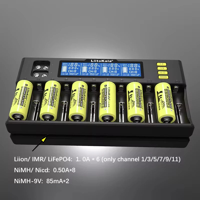LiitoKala LiI-S12 Smart Charger 14 Slots - CE Certified Universal Charger for Li-ion/LiFePO4/Ni-MH/9V Batteries 18650, 26650, AA