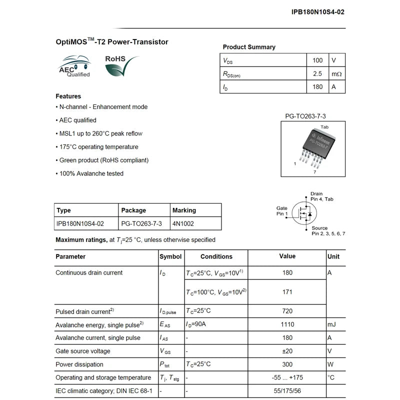 2PCS IPB180N10S4-02 4N1002 TO-263-7 N-channel 100V MOSFET High Current Low Internal Resistance Field-Effect Transistor