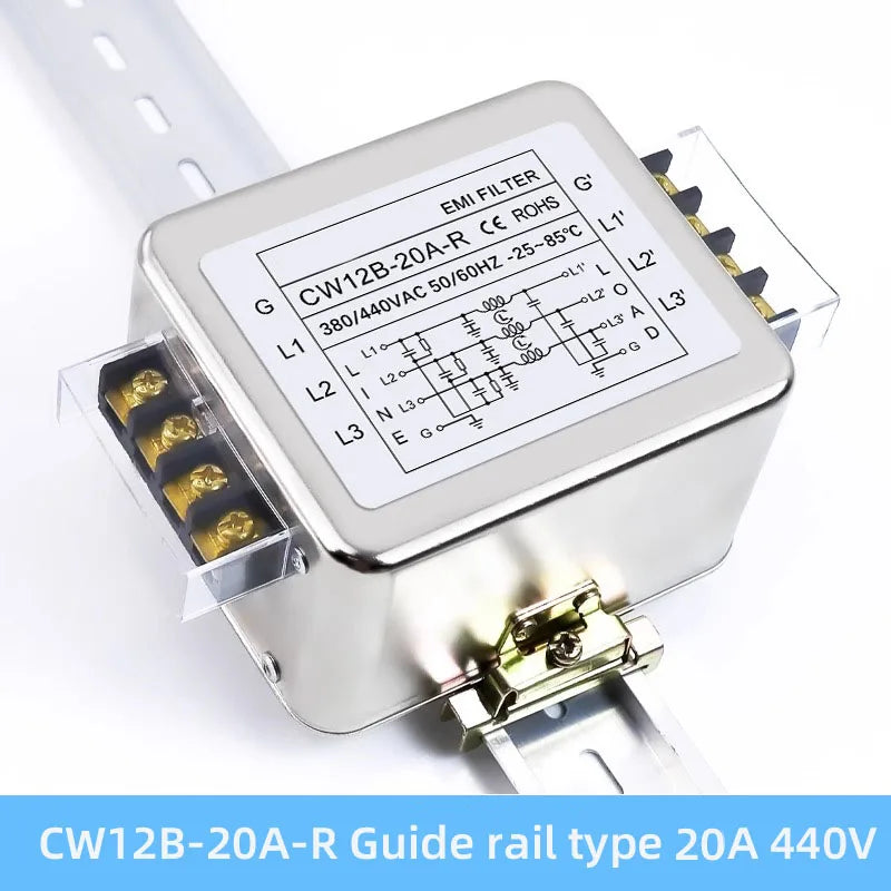 3-phase 3-wire AC power supply EMI filter CW12B-10/20/30A-R 380/440VAC terminal&Guide rail type power purifier Anti-interference