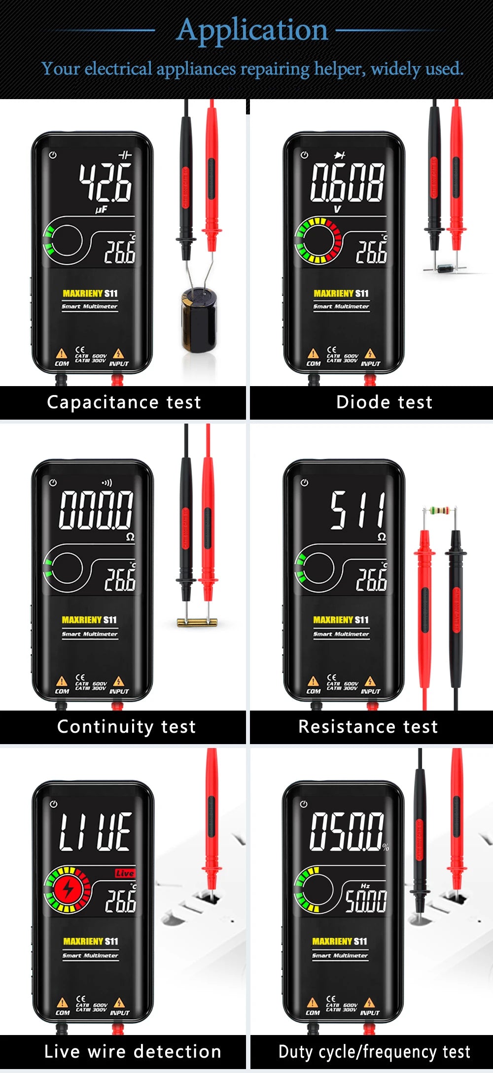 Smart Digital Multimeter USB Rechargeable True RMS EBTN DC AC Voltage Capacitance Ohm Diode NCV Hz Live WireTester
