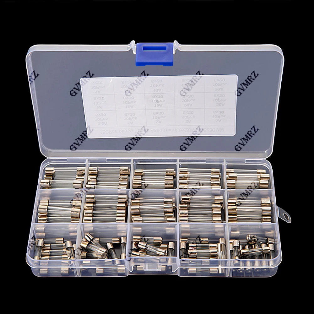 150PCS 0.25A-30A 15value 0.25A 0.5A 1A 2A 3A 5x20mm 6x30mm Glass Fuse Assorted Kit Box 5A 8A 10A 15A 20A 30A