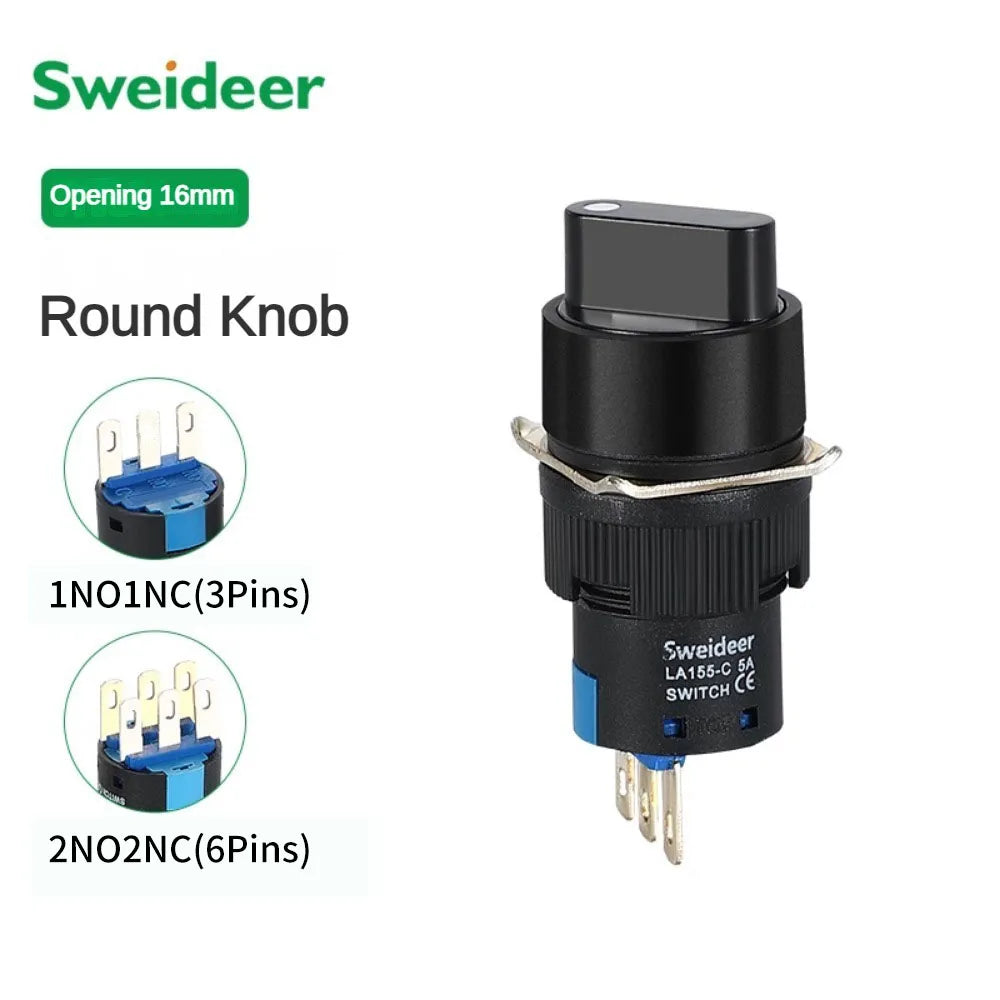 16mm Rotary Knob Push Button Switch 2 3 Positions Latching Self Lock 3/6 Pins Round Square Key Selector Start Up Power Switch