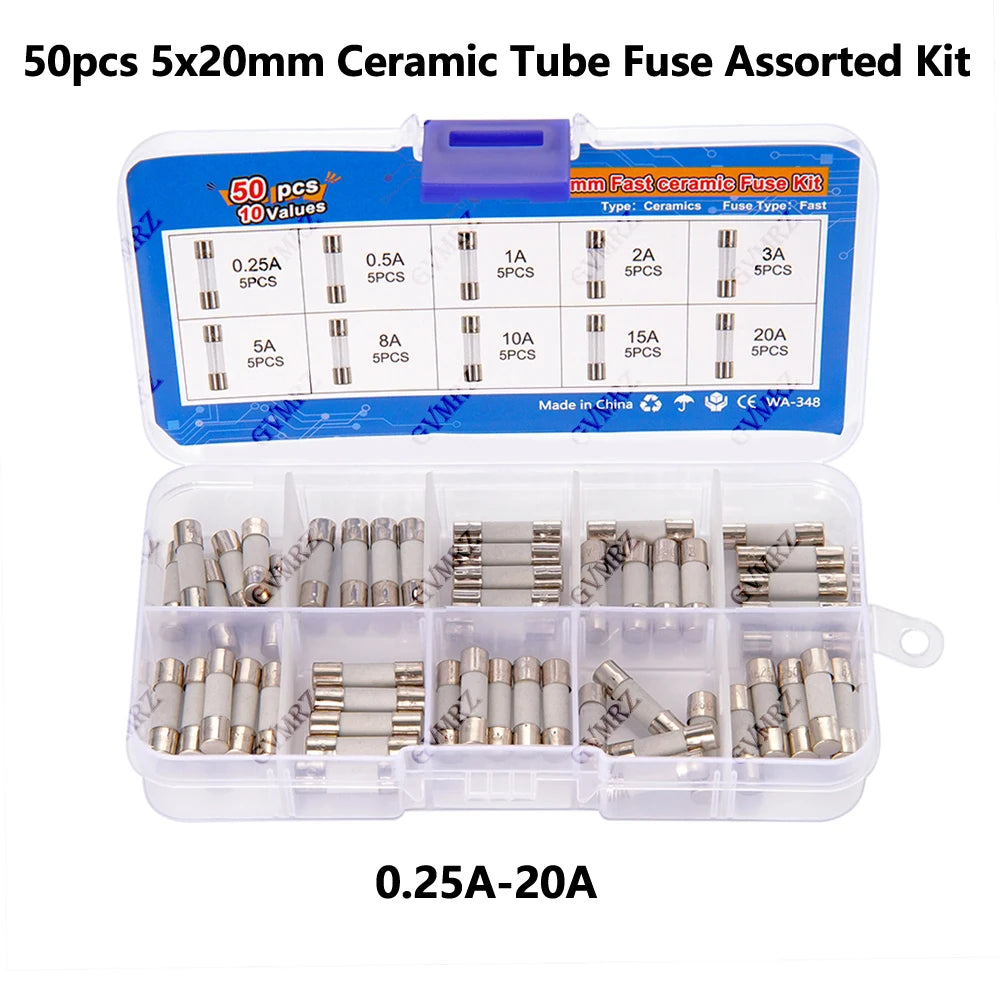 50pcs 5x20mm 0.25A-20A Ceramic Tube Fuse Assorted Kit Amp 0.25A 0.5A 1A 2A 3A 5A 8A 10A 15A 20A 250V with Storage Box