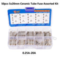 50pcs 5x20mm 0.25A-20A Ceramic Tube Fuse Assorted Kit Amp 0.25A 0.5A 1A 2A 3A 5A 8A 10A 15A 20A 250V with Storage Box