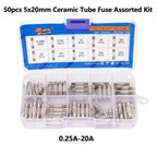 50pcs 5x20mm 0.25A-20A Ceramic Tube Fuse Assorted Kit Amp 0.25A 0.5A 1A 2A 3A 5A 8A 10A 15A 20A 250V with Storage Box