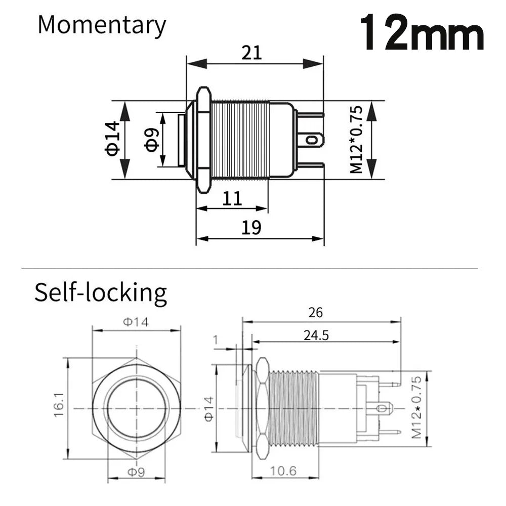 12/16/19/22mm Metal Push Button Switch Waterproof Momentary Latching  Power Switch No LED  Start Stop On/Off High Head Flat Head